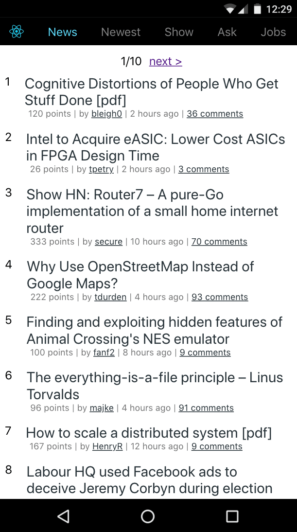 React HN HN PWA running on a mobile phone